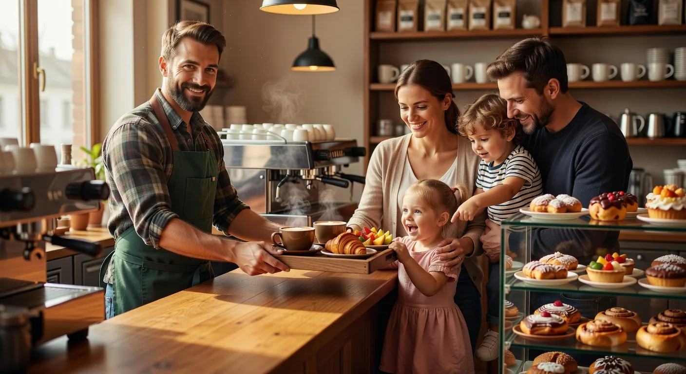 A barista warmly serving a family at the cafe counter