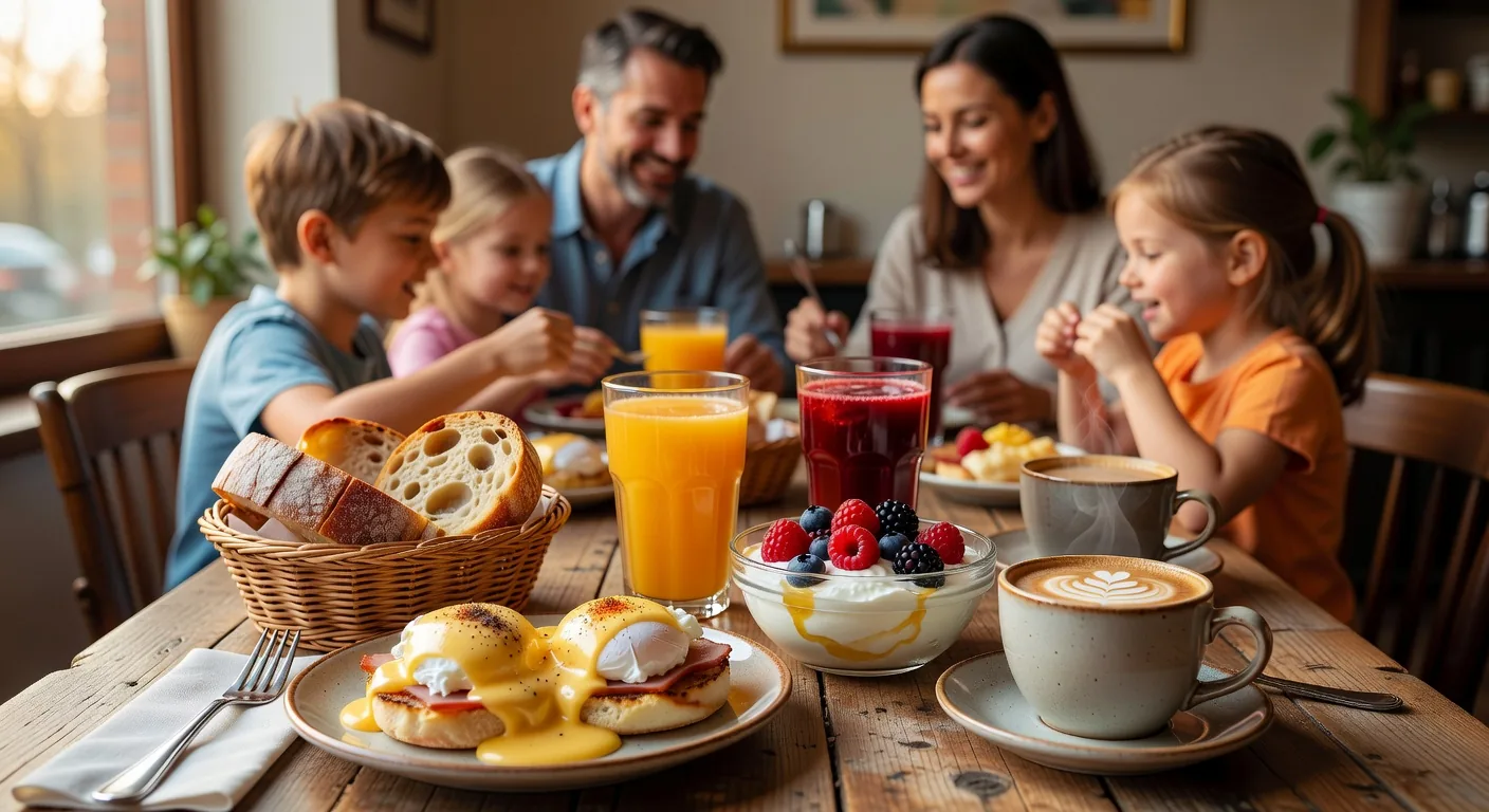 A beautiful and colorful family breakfast spread at Roy's Family Cafe