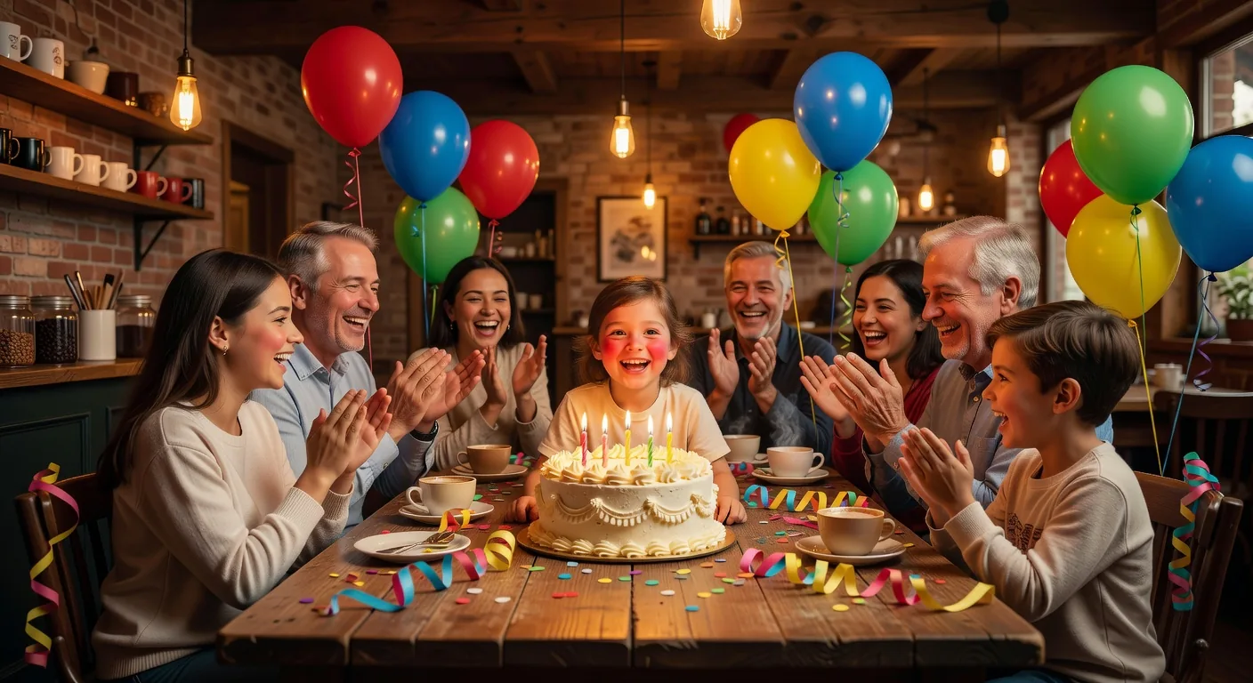 A child's birthday celebration with cake and decorations at the cafe
