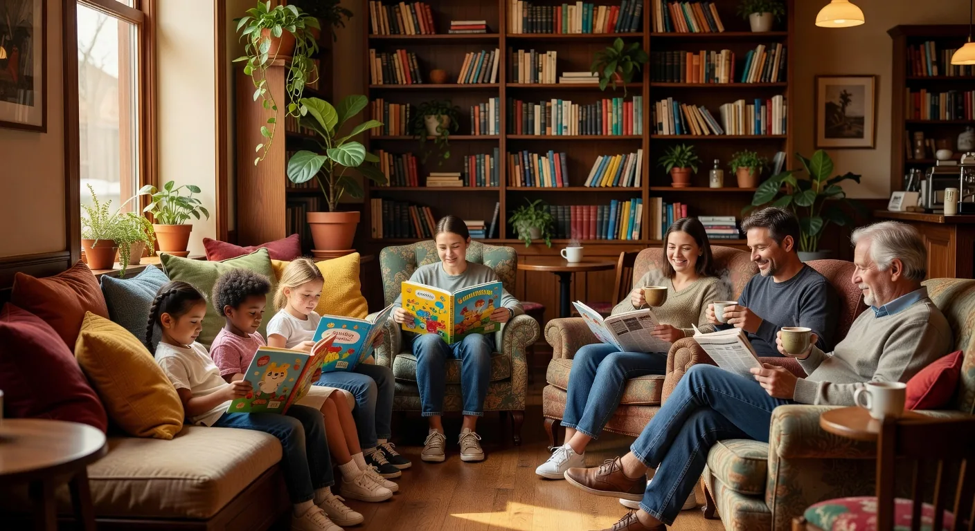A cozy reading nook in Roy's Family Cafe with soft cushions and bookshelves