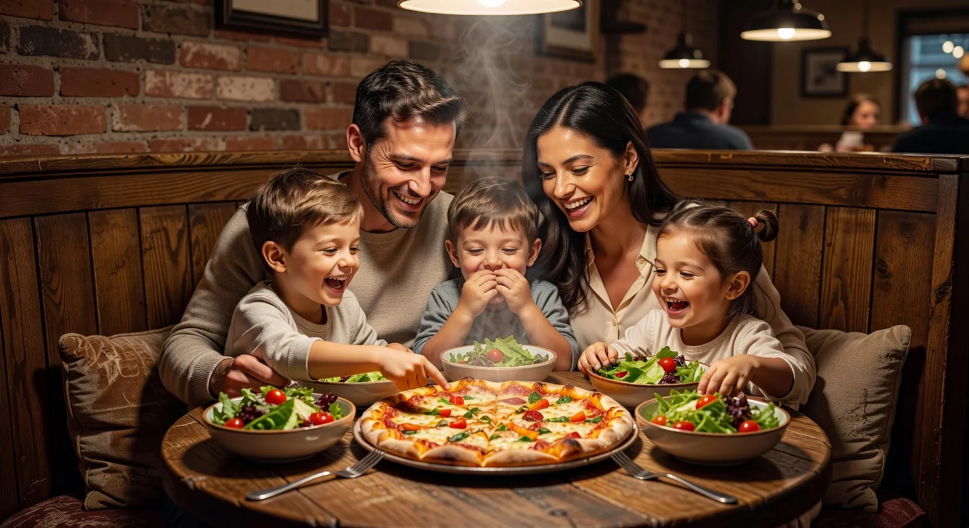A family gathered in the corner booth sharing a pizza