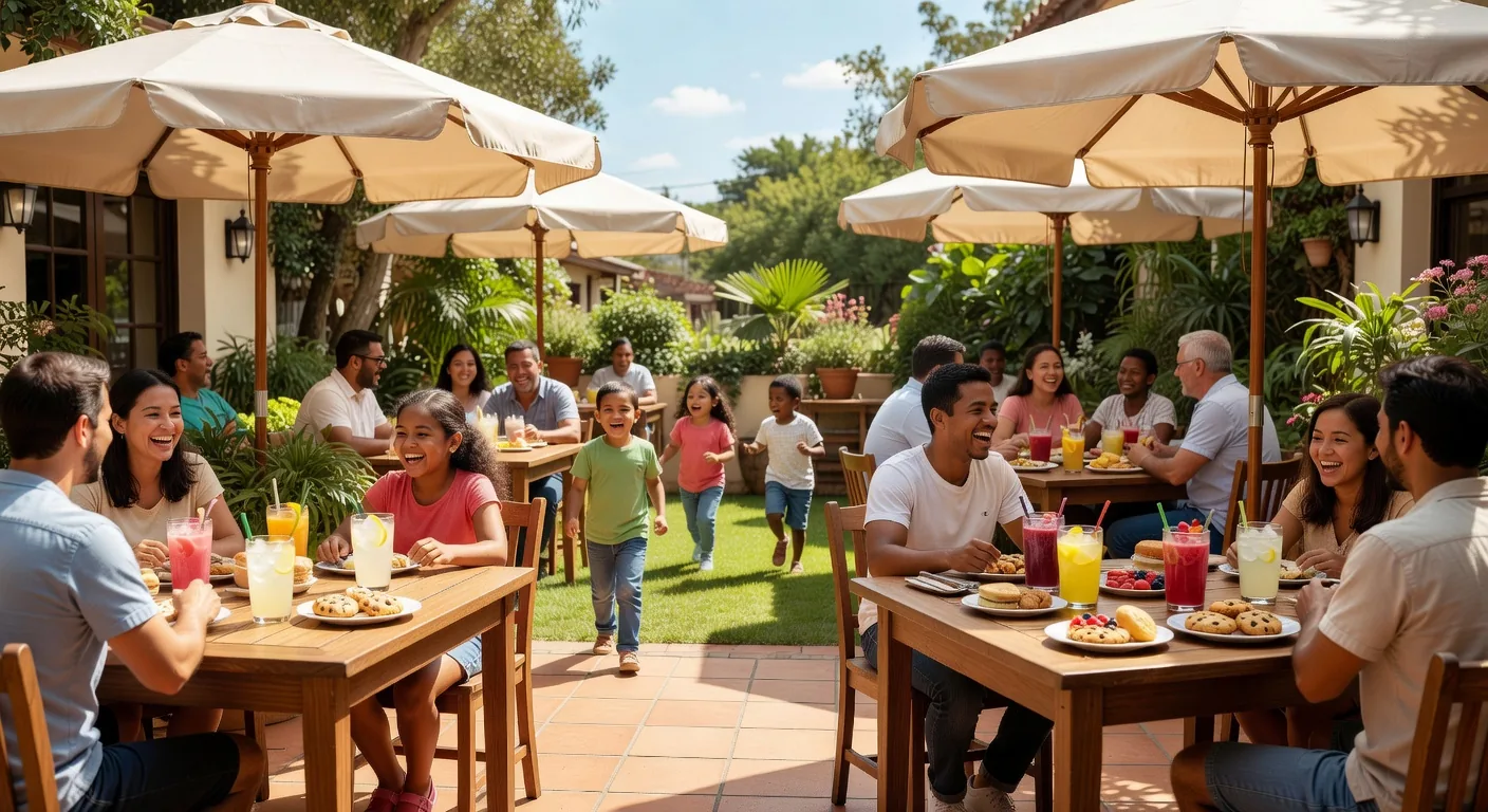 A family enjoying the outdoor patio seating at Roy's Family Cafe on a beautiful day