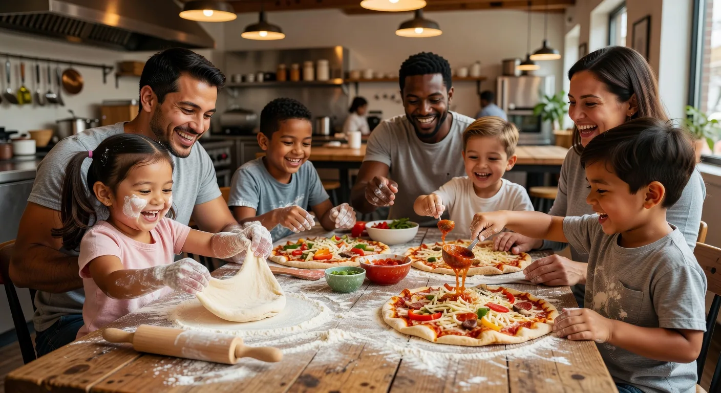 A family taking part in a pizza-making workshop at the cafe