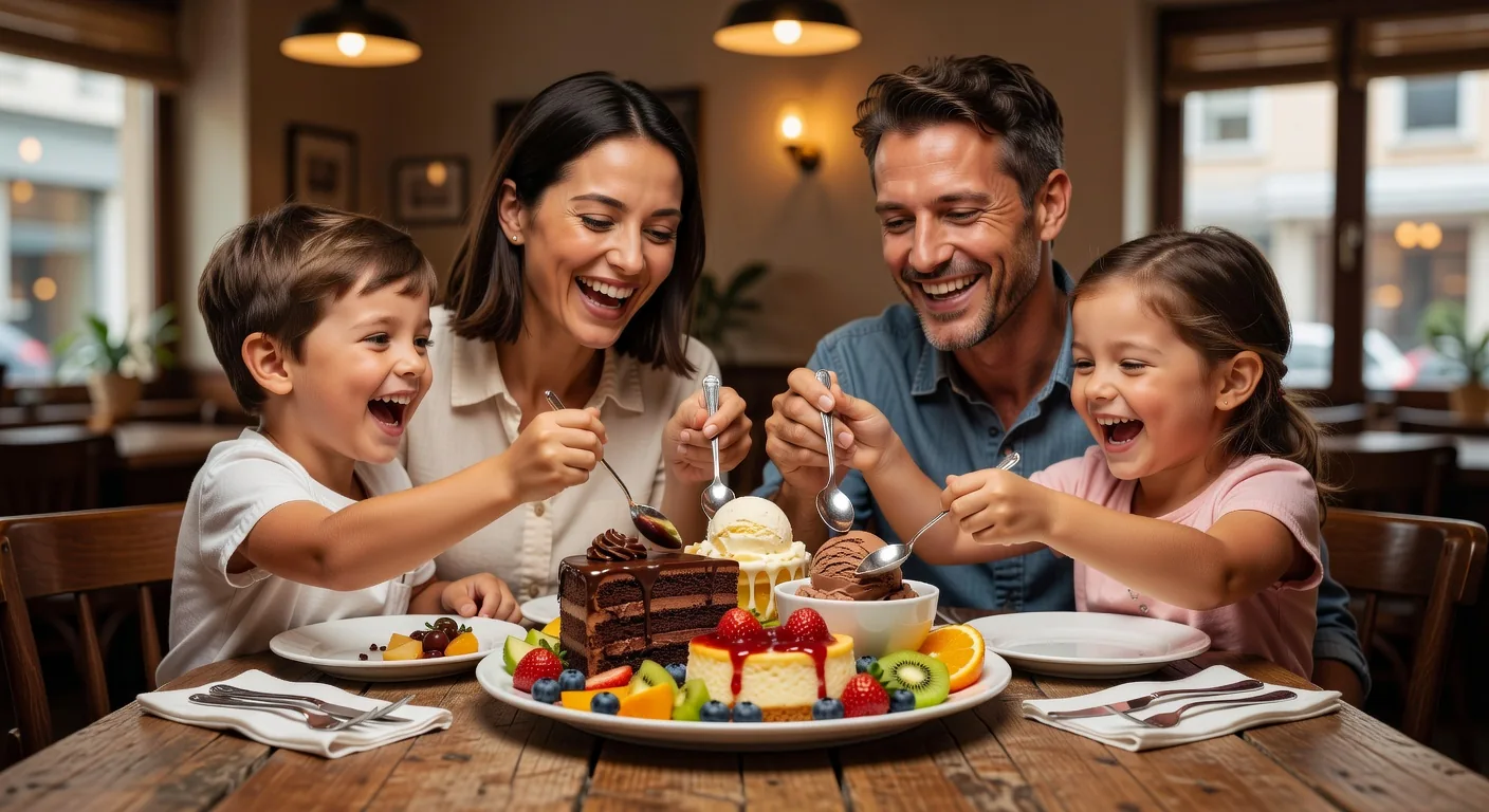 A family sharing a beautiful dessert platter together