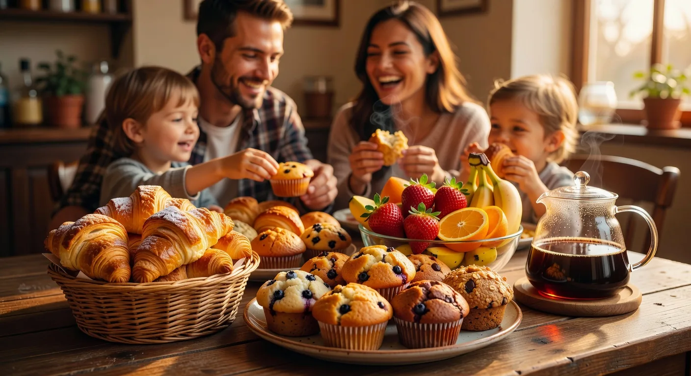 Fresh pastries and coffee arranged on a family table at Roy's