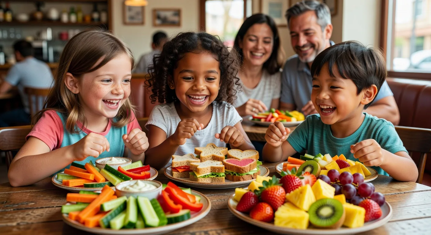 Colorful and healthy kids meals presented on a table at the cafe