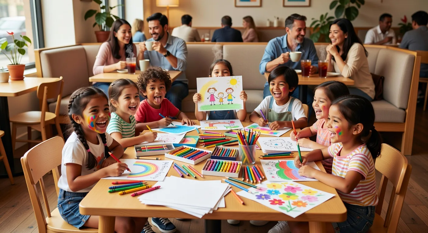 Children engaged in art and coloring activities at the cafe table