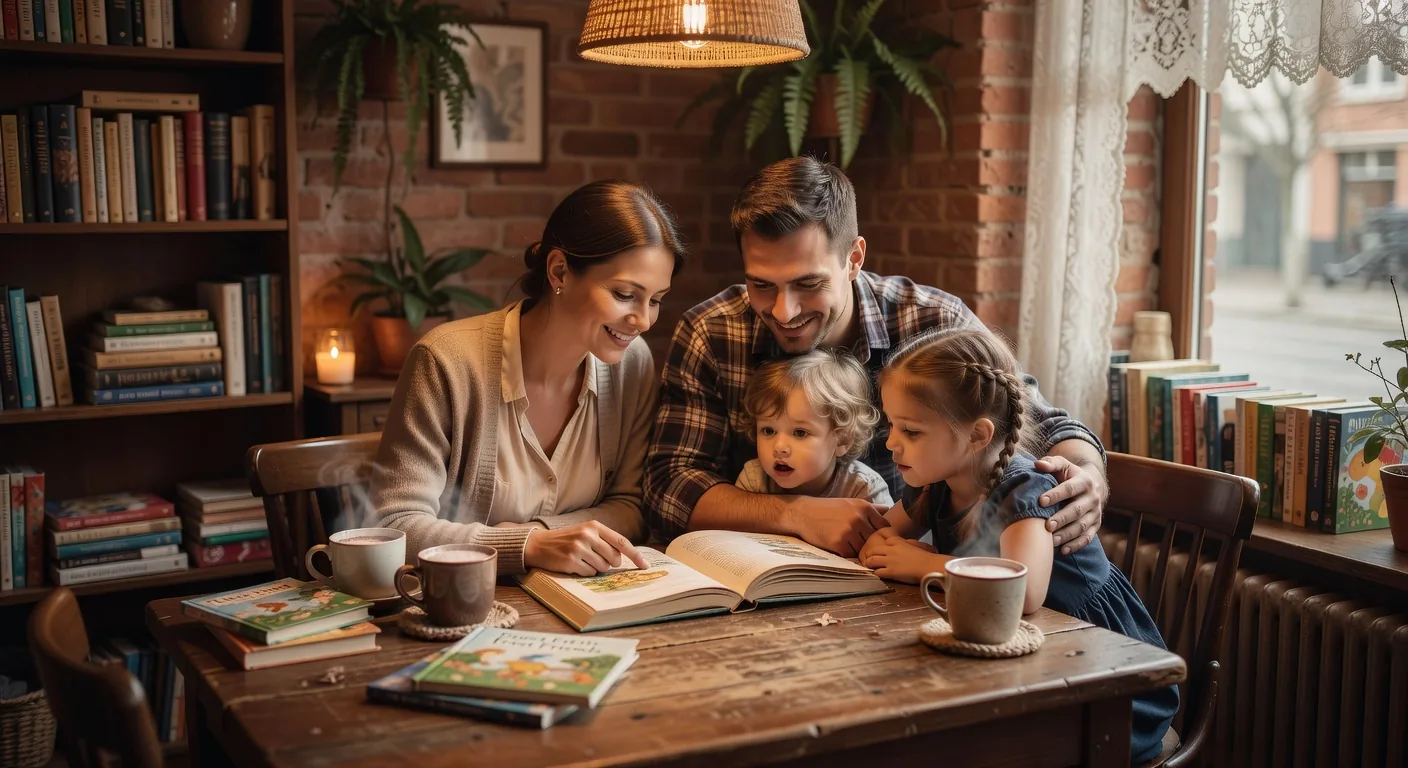 Parents reading to their children in a cozy corner of the cafe