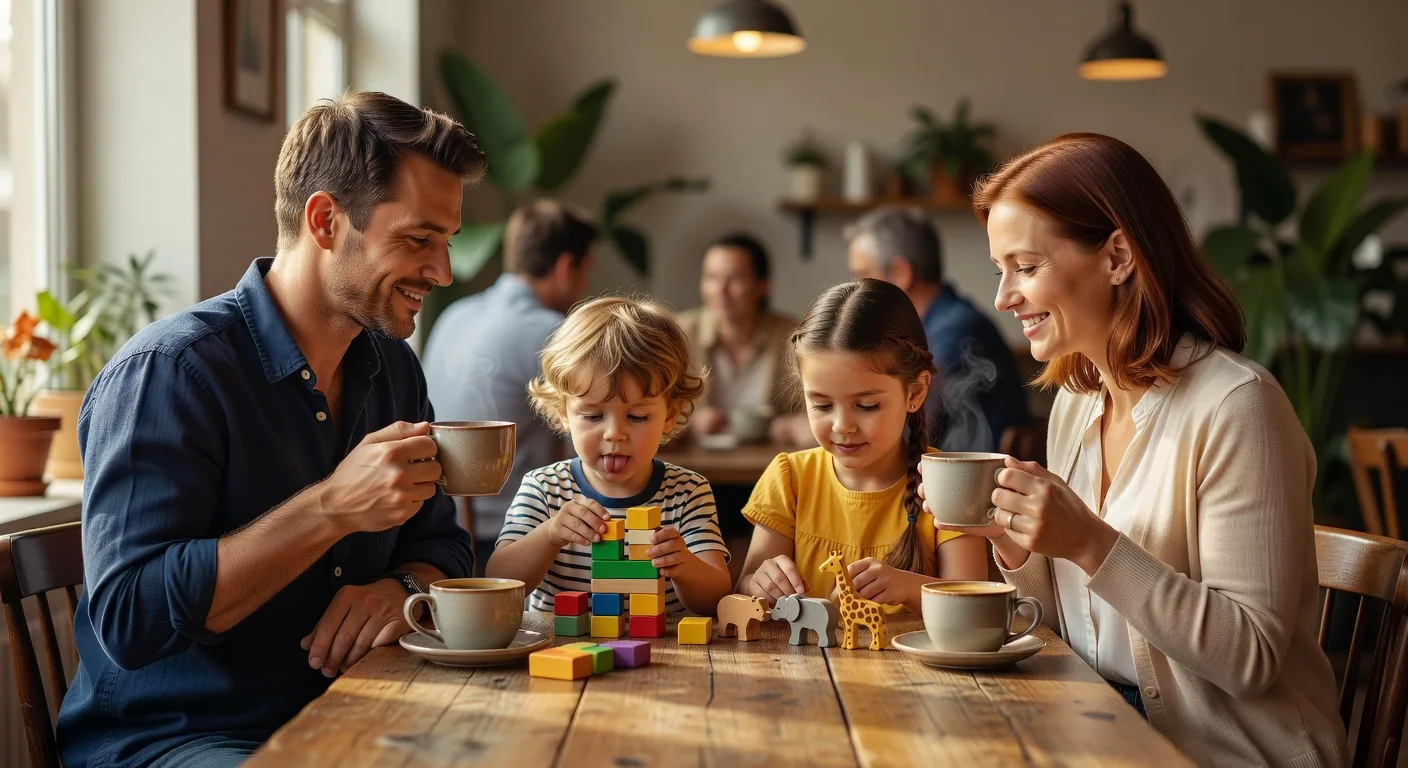 Parents relaxing with coffee while children play nearby