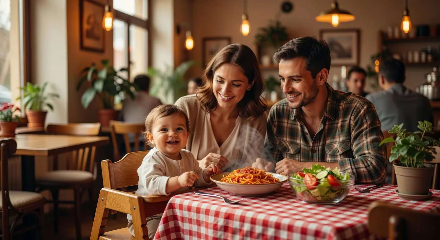 Smiling parents with their toddler in a high chair at the cafe table